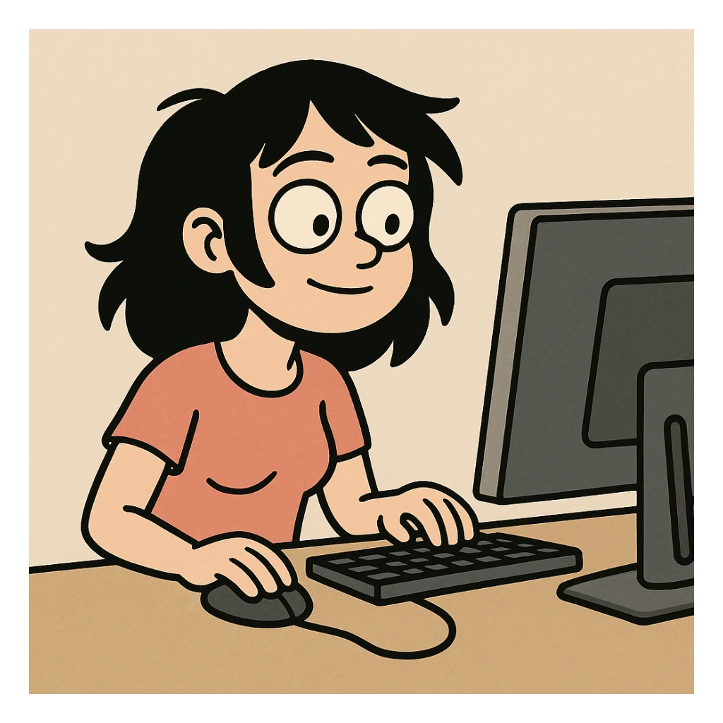 girl with black hair at a desktop computer, cartoon style sticker