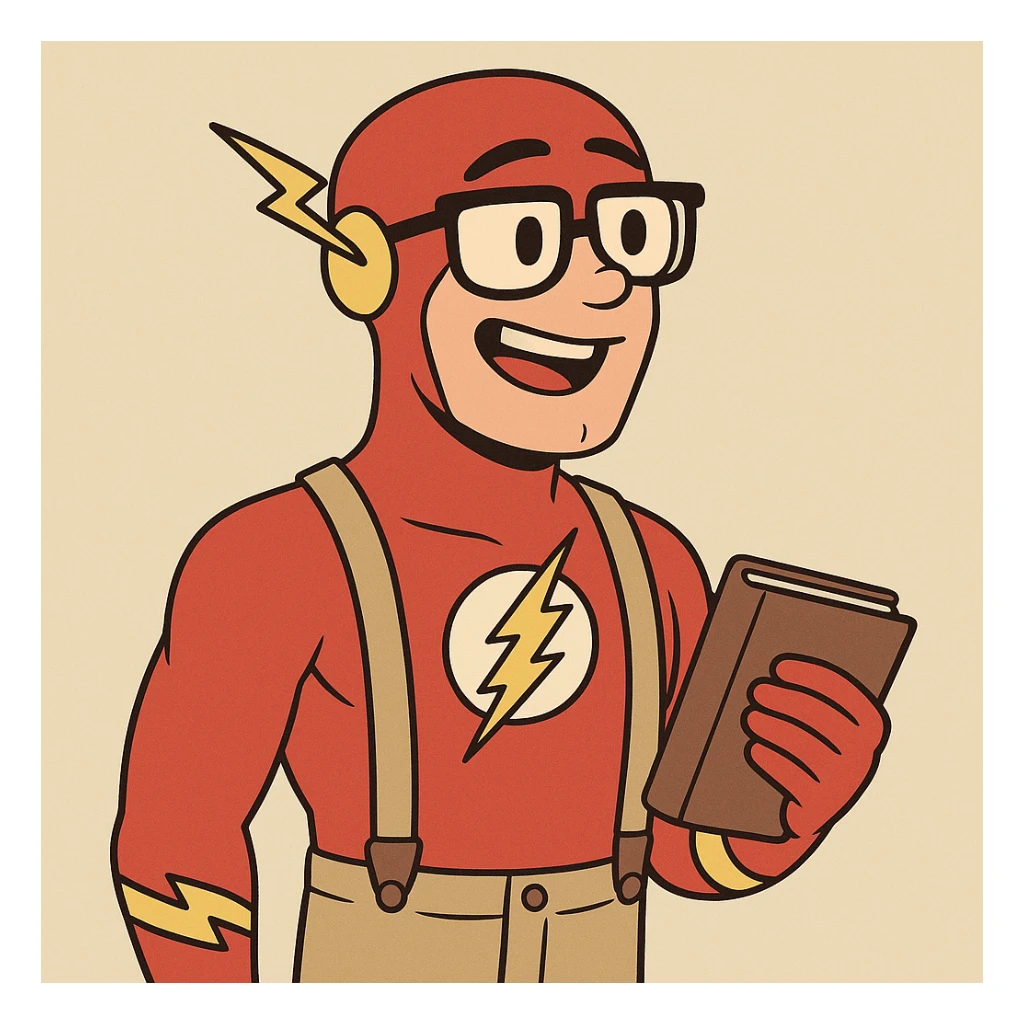 Nerdy version of The Flash, wearing suspenders and holding a book, cartoon style sticker