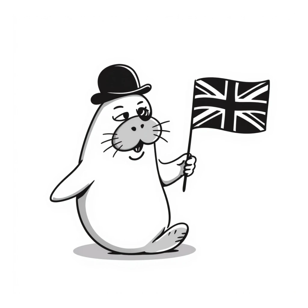 British manatee wearing a bowler hat and monocle, holding a Union Jack flag, hand drawn doodle style sticker