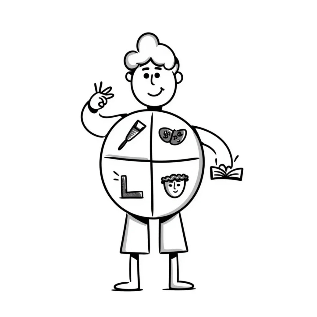 Hand-drawn metal man figure with a circular body divided into four segments, each containing symbols for different art forms: visual, musical, theatrical, and literary arts sticker