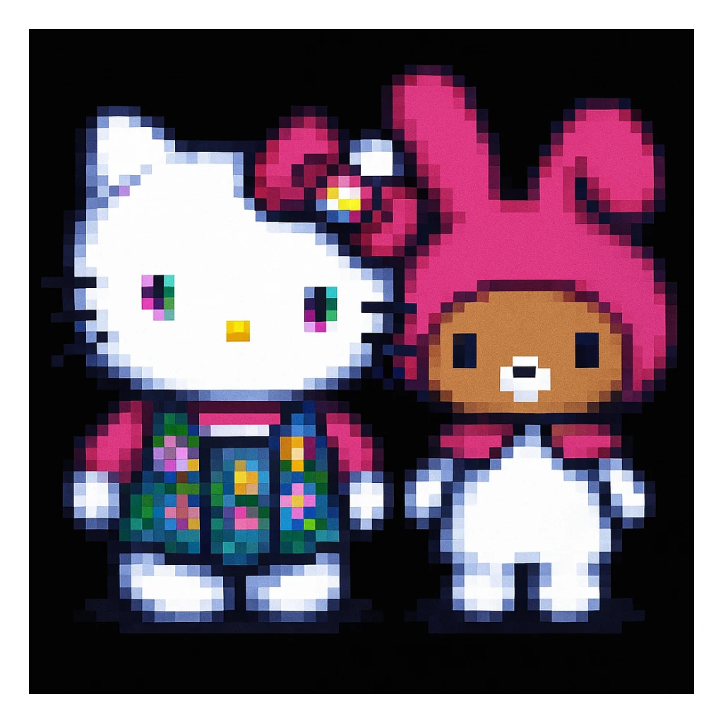 Add a friend to Hello Kitty in the style of pixel art sticker