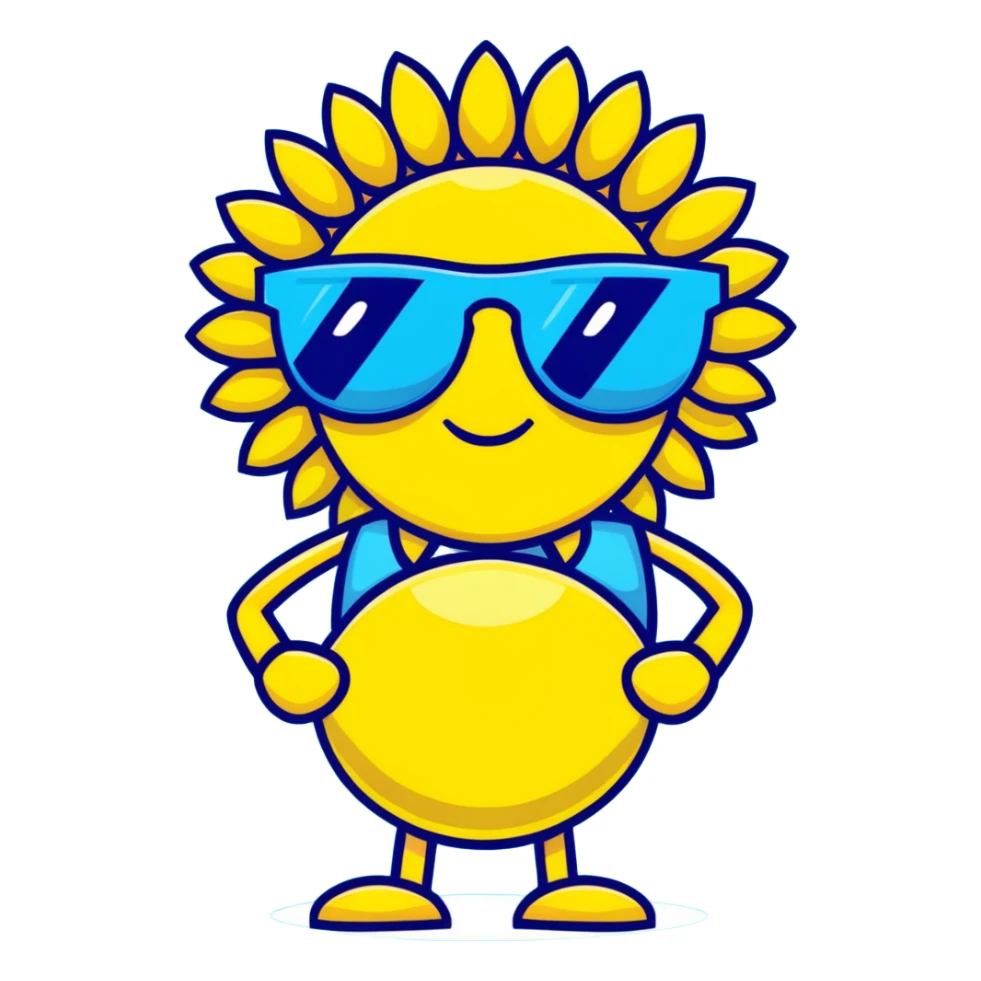 bright pastel yellow sunflower with large sunglasses, grinning proudly while strutting, round body, exaggerated confident face sticker