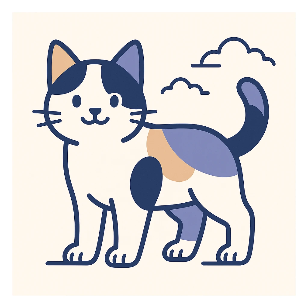 a three colour cat with calico pattern, standing, friendly expression, white background sticker