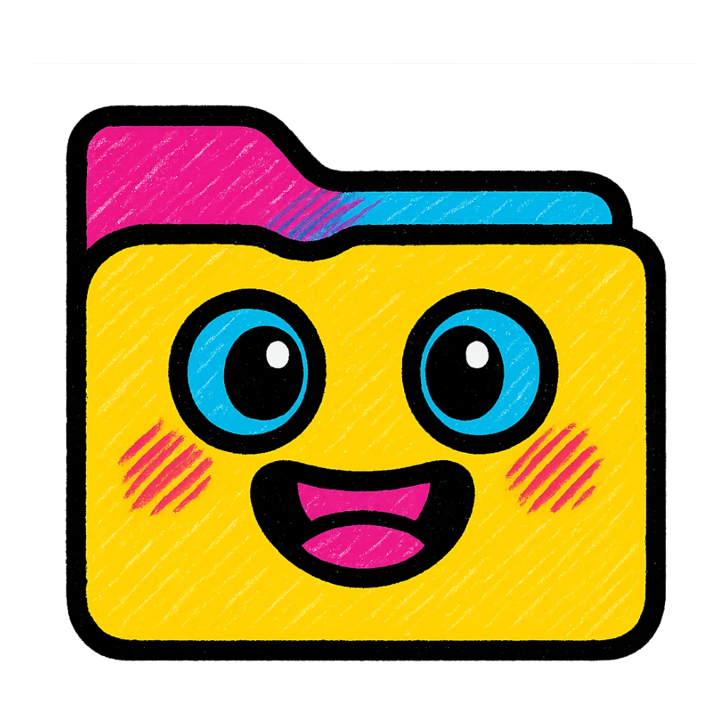 Create a cute, pop-art style version of the Windows folder icon with bright colors, bold outlines, and a playful, cheerful expression in pop-art style. sticker