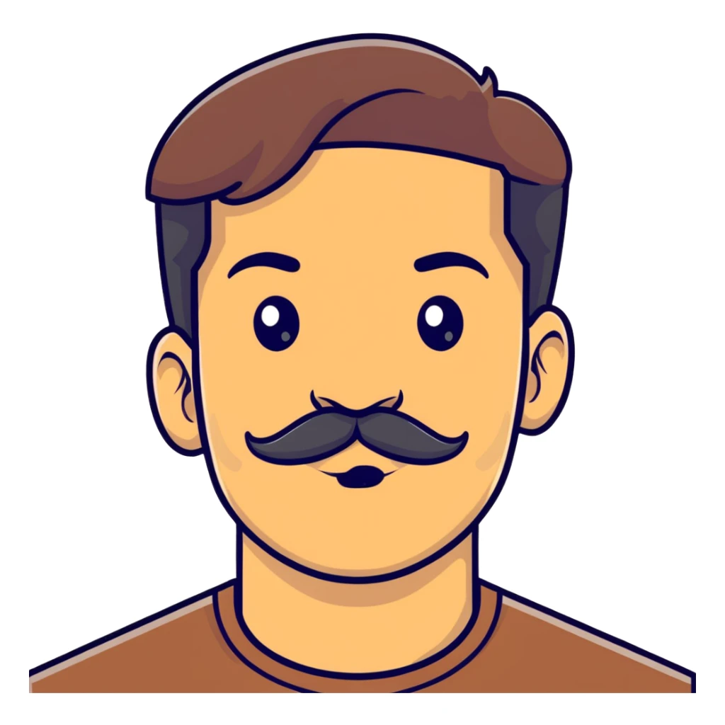 close-up of man face only with mustache, medium eyes, medium light skin tone, dark hair, no neck visible, just the face sticker