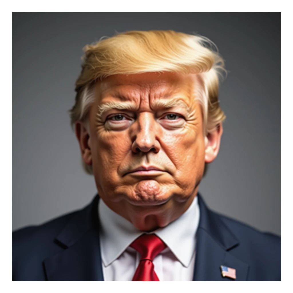 Donald Trump, hyper-photorealistic, maximum realism and detail, looks exactly like a real high-resolution photo, natural skin and facial features, signature hair, very foxy and cunning expression, plain background, minimal emoji influence, polished finish sticker