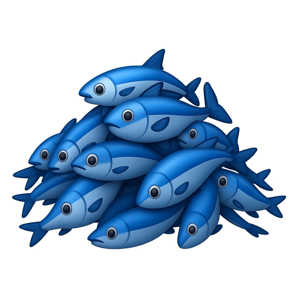 Create a large, loosely pyramid-shaped pile of blue fish in the style of iPhone Apple emojis, blending between 2D and 3D appearance, with a transparent background, variation 1. sticker