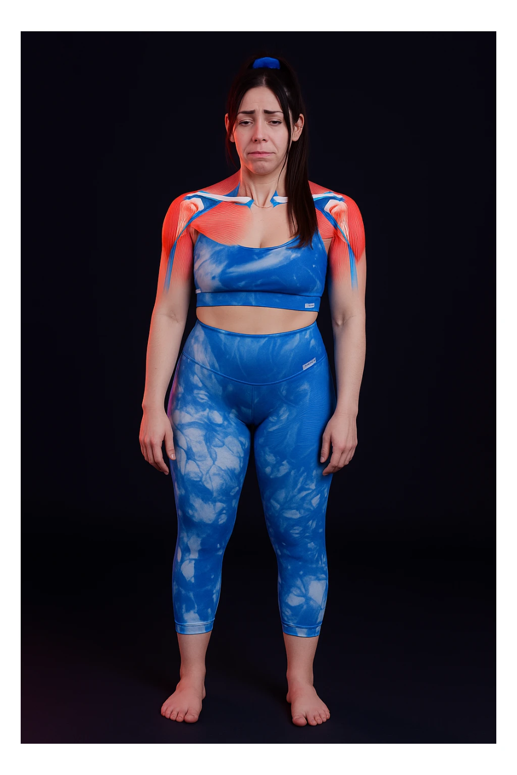 A woman with shoulder pain, add anatomically highlighted shoulders on the body, variant 3, in a style suitable for editing and anatomical emphasis. sticker