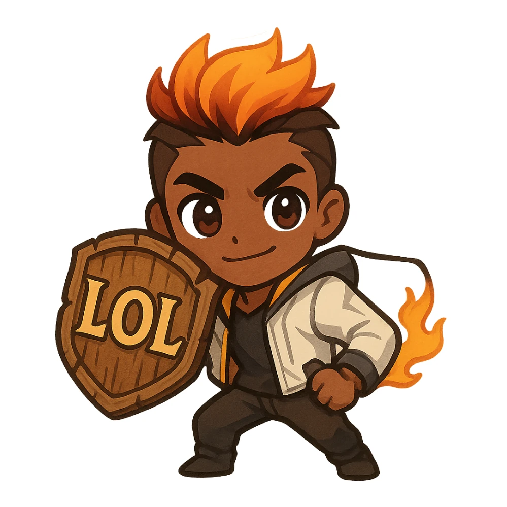 Create a chibi style illustration of Phoenix from Valorant with large eyes and a small figure. Use typical fiery hair color and depict a confident pose different from the original. Include a comic-art style wooden shield that looks slightly rustic and handmade. On the shield, add the text 'LOL' in bold, clear, slightly ornate lettering. The image should have clear lines and a friendly, energetic vibe. Make it emoji-compatible at 128x128 px. sticker