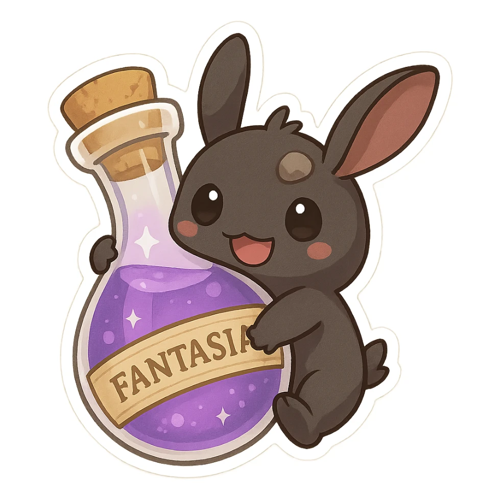 A spriggan from FFXIV holding an oversized fantasia bottle, chibi style, adorable and expressive sticker