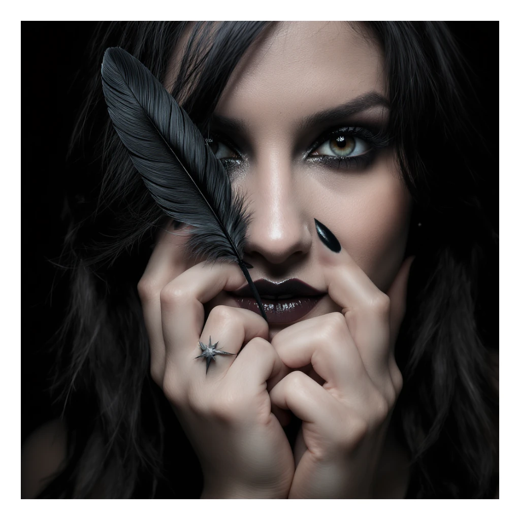 gothic heart with a black raven feather, professional photography style sticker