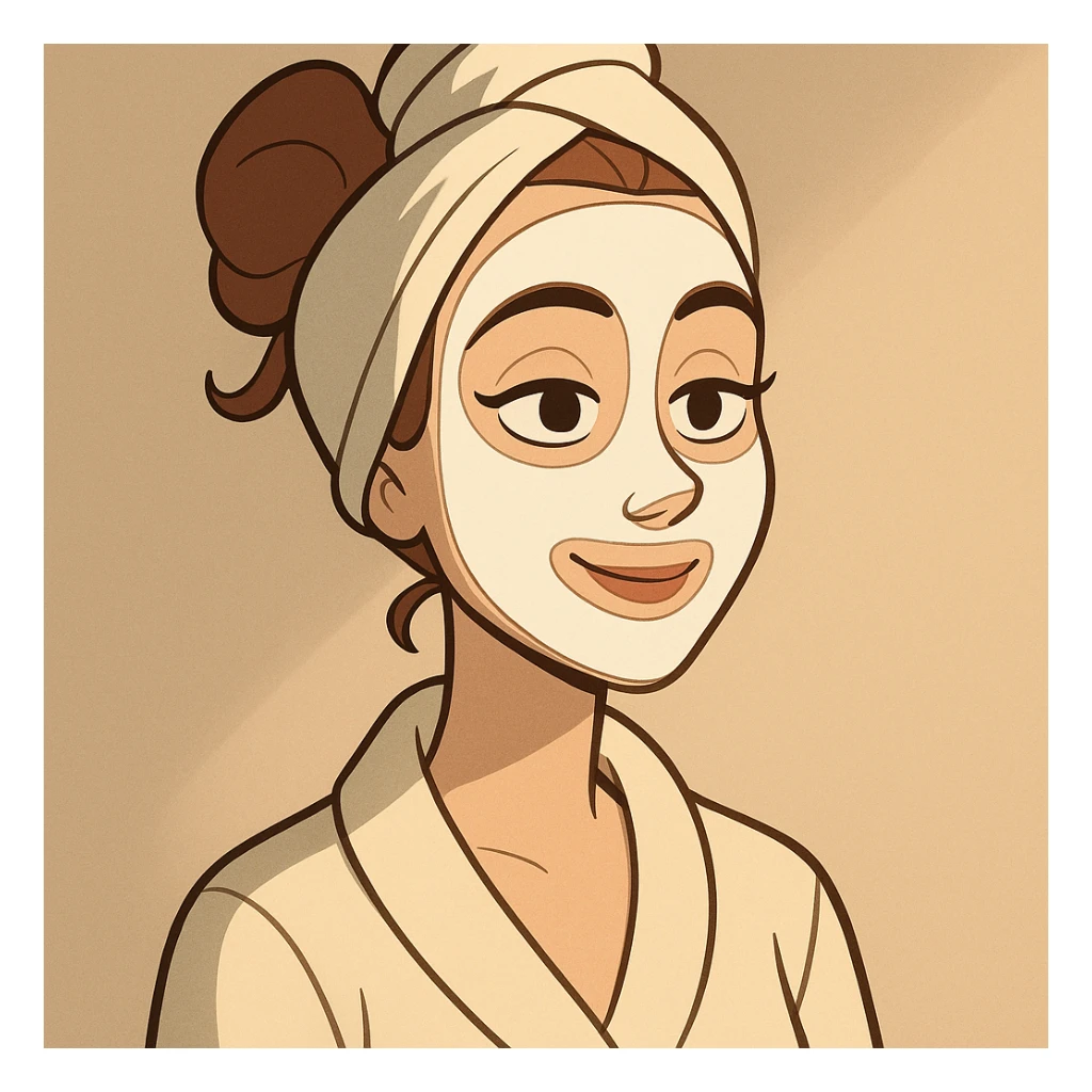lady with a white spa face mask, headband, soft lighting, elegant, minimal background sticker