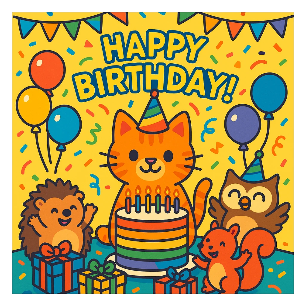 vibrant-toon style birthday party scene with a rainbow color theme including rainbow balloons, multicolored decorations, confetti, a large rainbow birthday cake, gifts, and a festive atmosphere. Main character is a ginger tabby kitten wearing a birthday hat, surrounded by a hedgehog, owl, and squirrel also celebrating. Prominent 'Happy Birthday!' message included in the scene. sticker