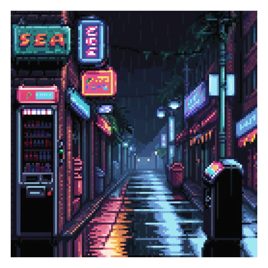 Pixel art urban street at night, side view, neon lights, vending machine, empty sidewalk, moody atmosphere, light rain reflections, trash bins, vertical 9:16 aspect ratio, Sega Genesis fighting game background
 sticker