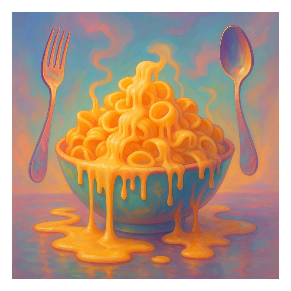 a bowl of orecchiette pasta with surreal elements, such as melting noodles, floating utensils, and whimsical colors sticker