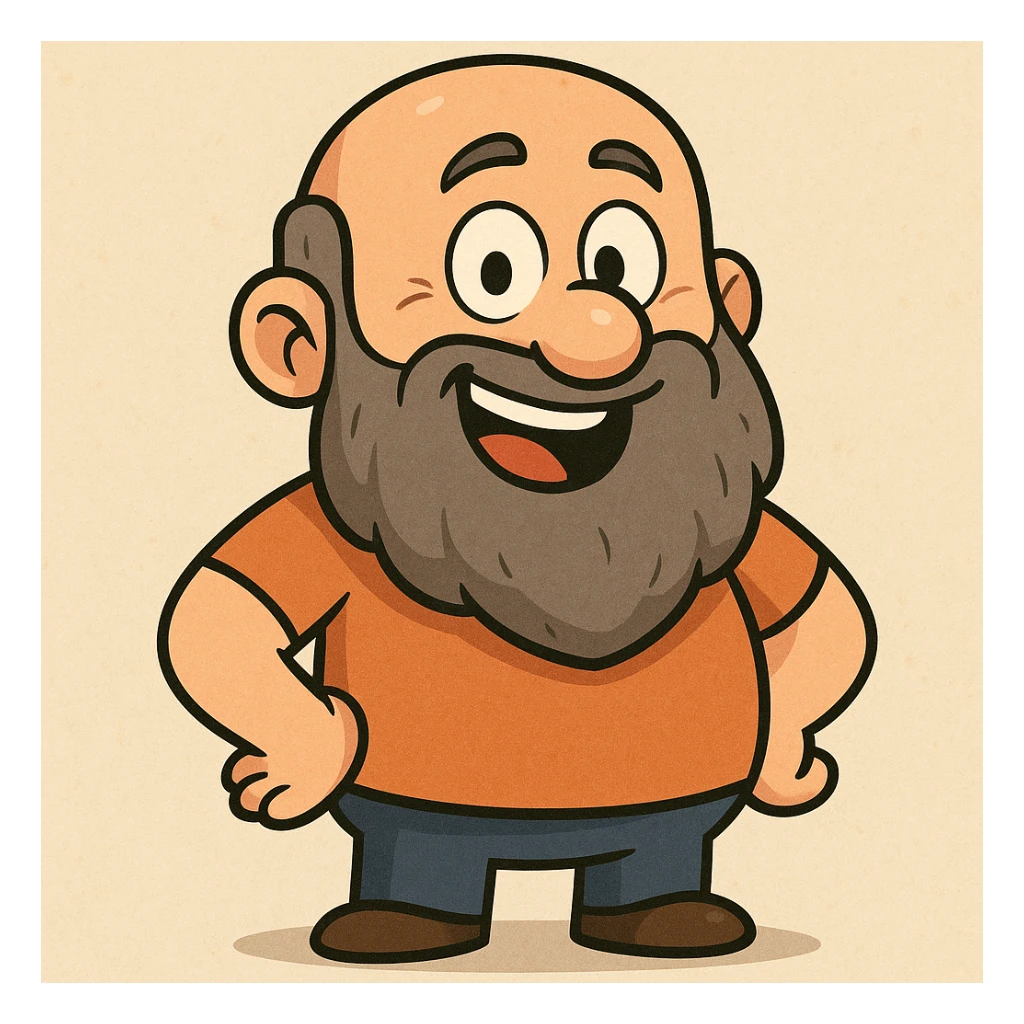 a bald man with a long grey beard, cartoon style, cheerful expression sticker