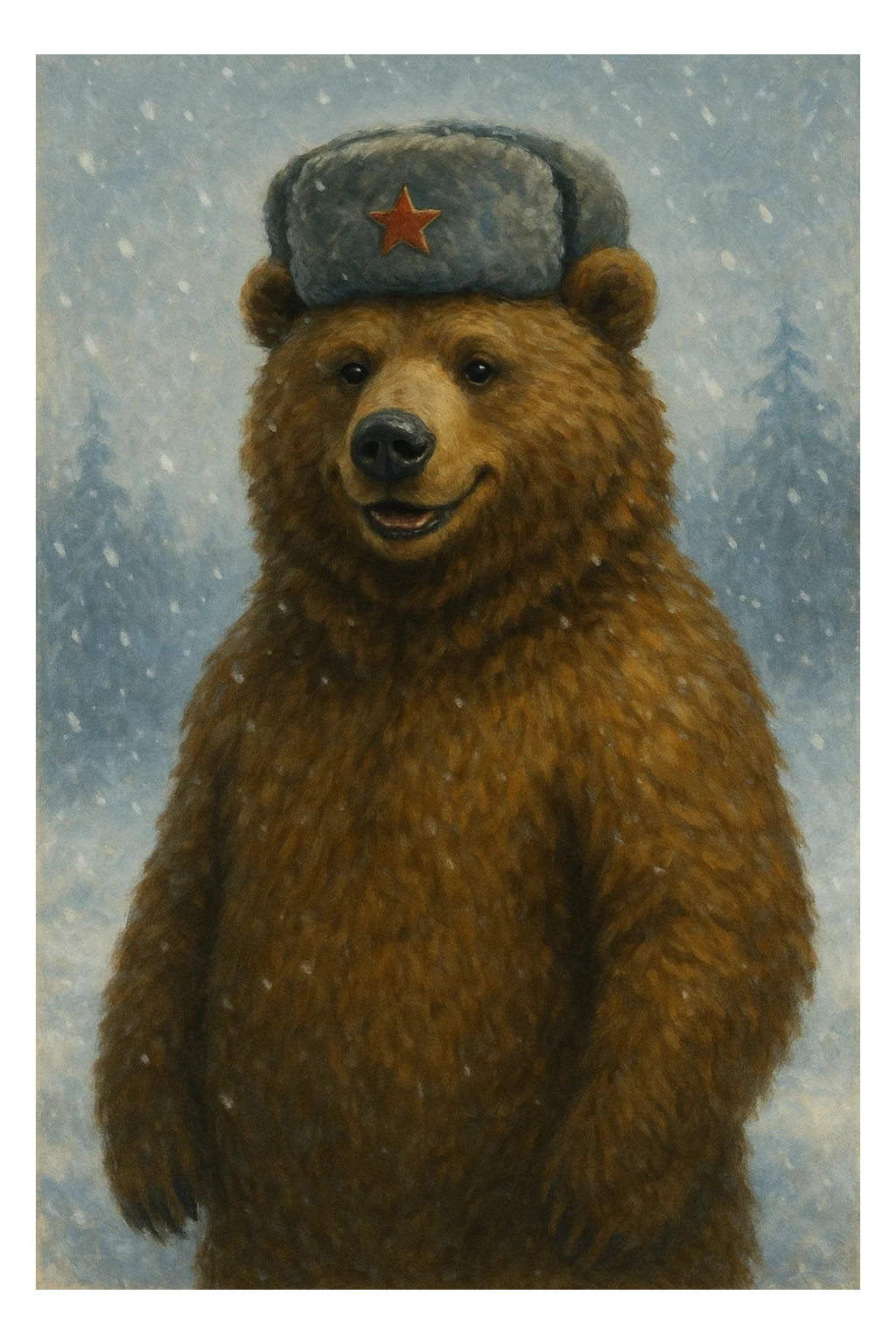 A Russian bear, classic style, wearing a ushanka hat, standing upright, friendly expression, winter background with snow and cold atmosphere. sticker