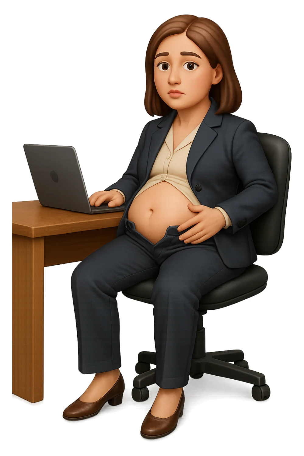 emoji stile iphone di una donna seduta alla scrivania dell'ufficio in completo elegante con i pantaloni sbottonati perché ha la pancia gonfia, falla a corpo intero, iperrealistico 4k sticker