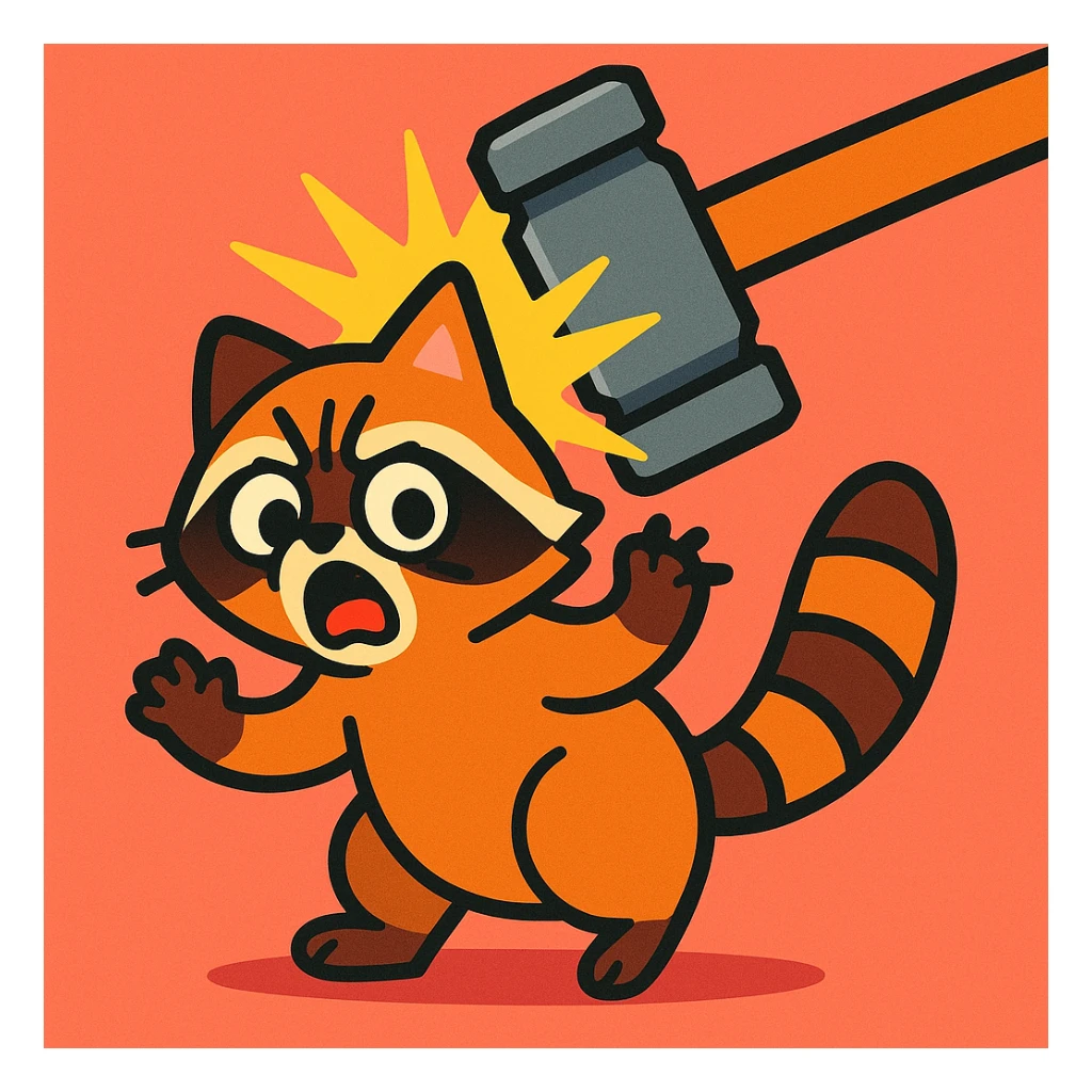 a little raccoon cat being hit by a hammer, slapstick, simple background sticker