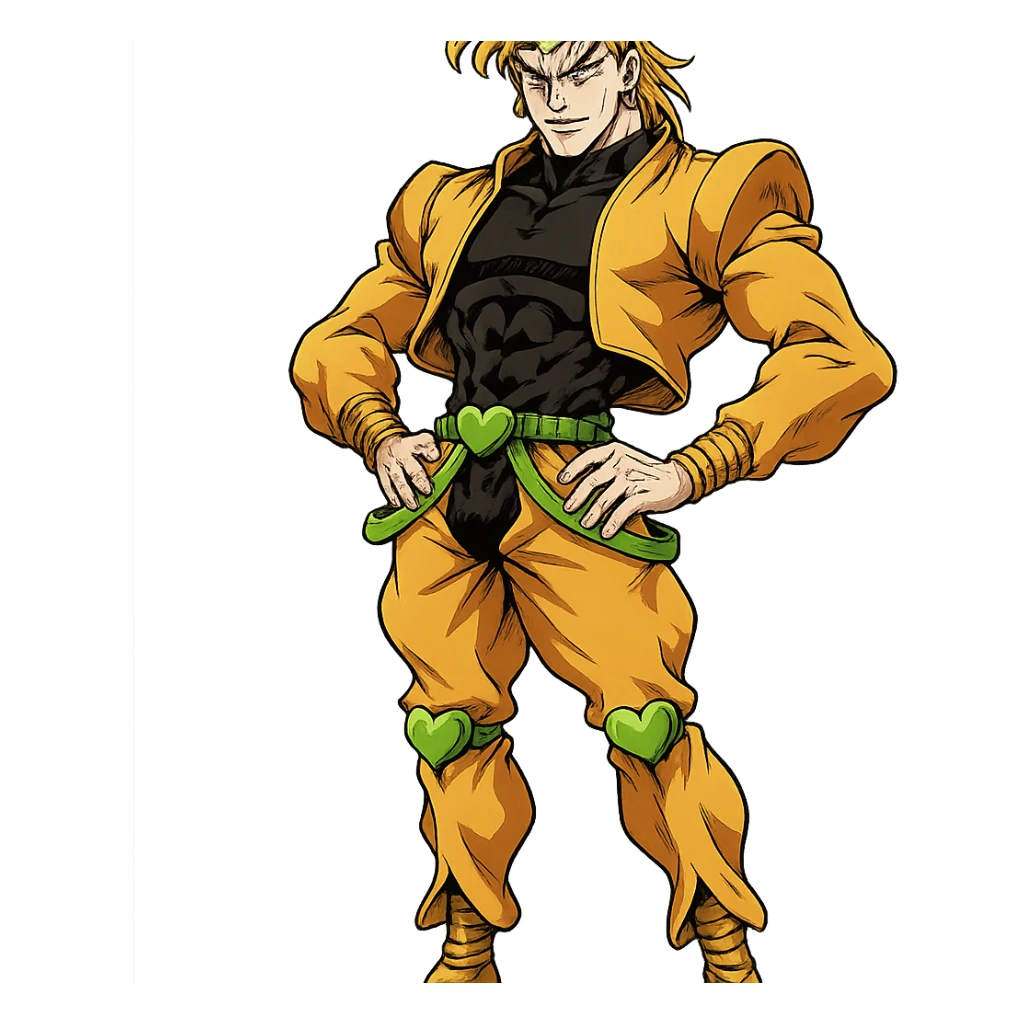 Dio Brando, classic villain stance, sharp features, golden accessories, anime-inspired illustration sticker
