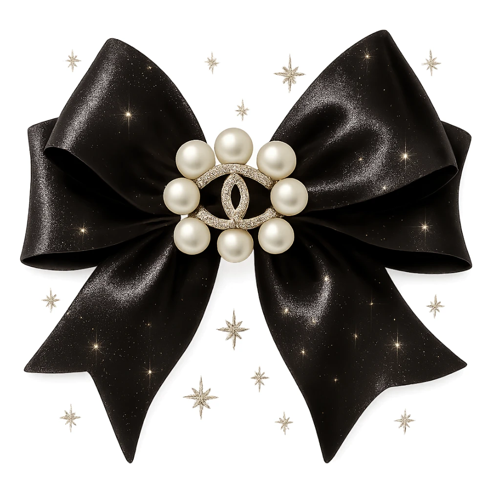 Add a solid white background behind the elegant bow with pearls and gold Chanel logo, sparkling effects, glossy, black and white, realistic style. sticker