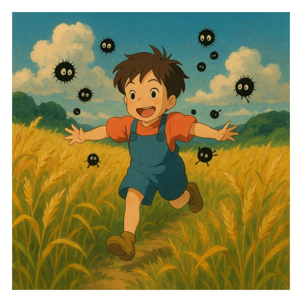 A child running through a golden wheat field, chased by playful dust spirits. sticker