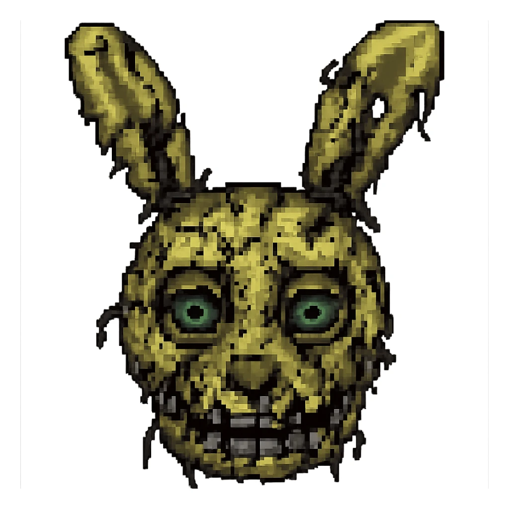 Make the close-up Springtrap face look even more broken, with extra cracks, missing pieces, and more exposed metal in pixel art style. Remove background. sticker