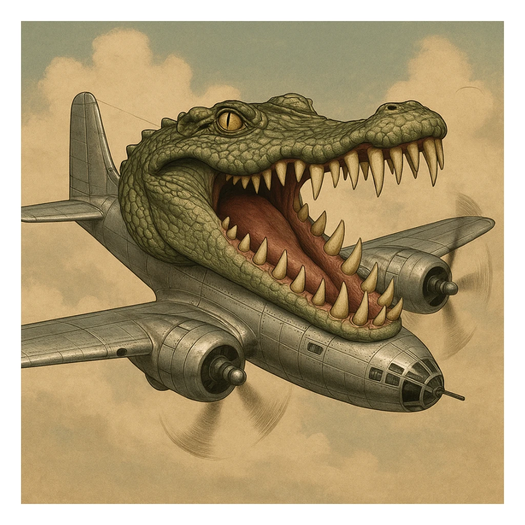 crocodile head with exaggerated sharp teeth seamlessly fused onto a WWII bomber plane metallic body with visible wings and spinning propellers, surreal and satirical inspired by Italian Brainrot memes sticker