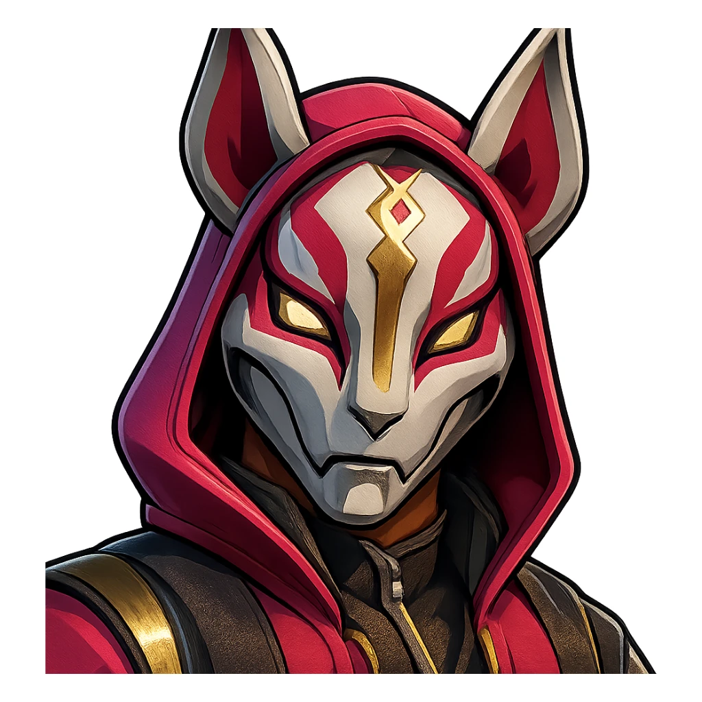 Fortnite Drift skin, close-up, fox mask, intense eyes, stylized, no text sticker