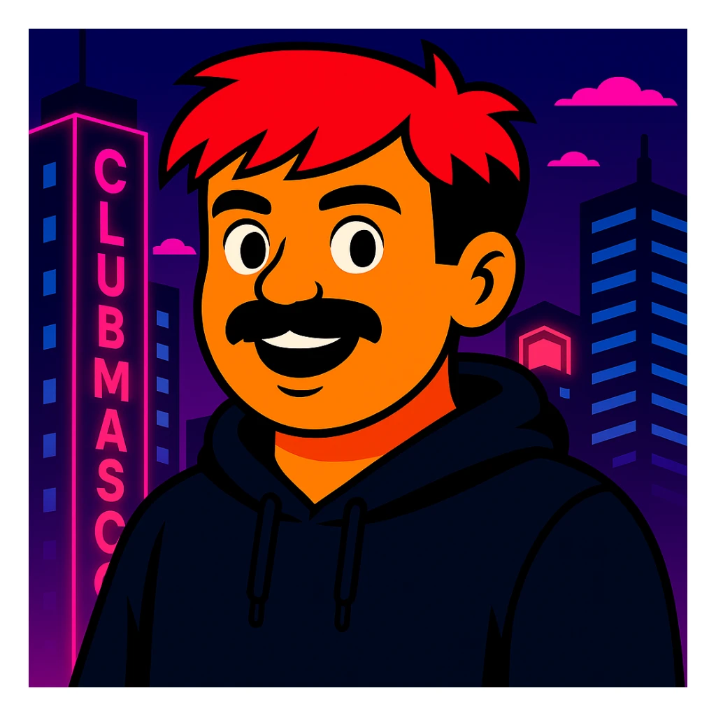 Change any visible text from 'Hotel' to 'Club Mascot', keep the vibrant toon style, neon city background, and all other details the same sticker