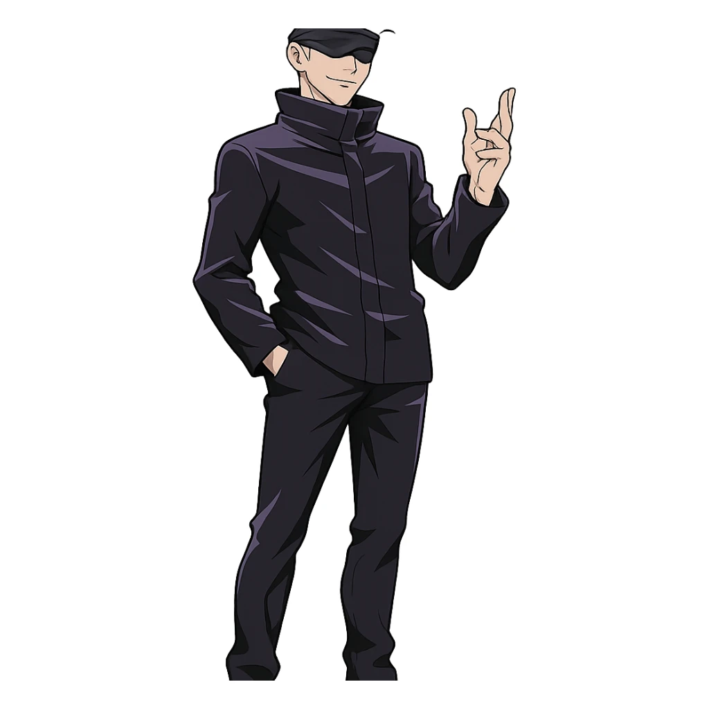 Gojo Satoru, white hair, blindfold, confident pose, full body, inspired by Jujutsu Kaisen, anime style, no background sticker