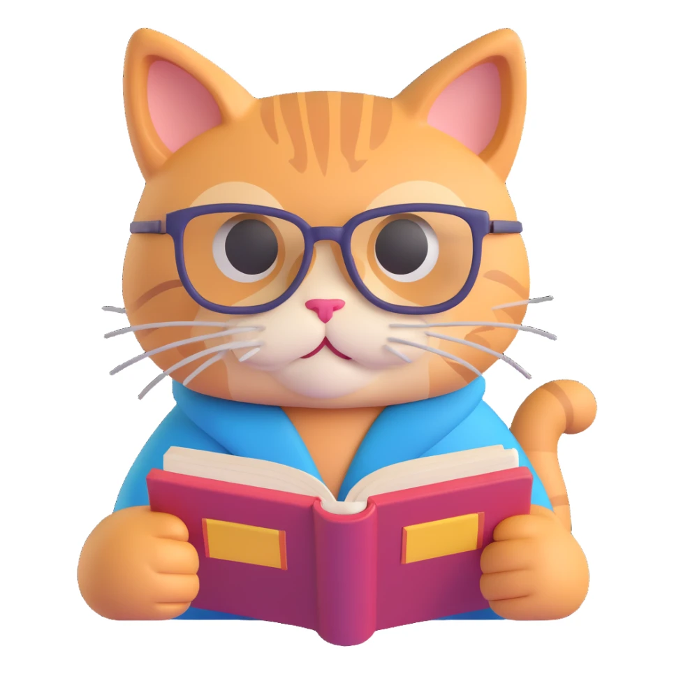 A cat with glasses reading a book, vibrant colors, detailed, playful sticker