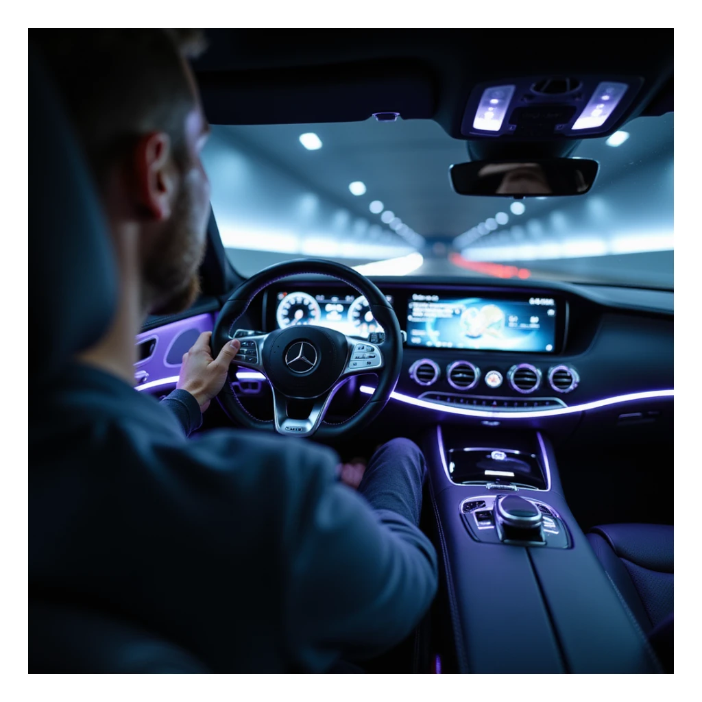 POV from driver's seat of a 2025 Mercedes-Benz S-Class, showing luxurious interior with ambient blue/purple lighting, futuristic dashboard, glowing infotainment, and realistic hand on Mercedes steering wheel. Trim reflections, dynamic shadows, blurred windshield. Hyperrealistic, cinematic, 8K. sticker