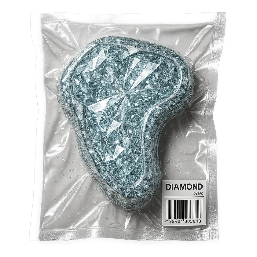 meat steak made of diamond, glossy and puffy, vacuum-sealed style sticker