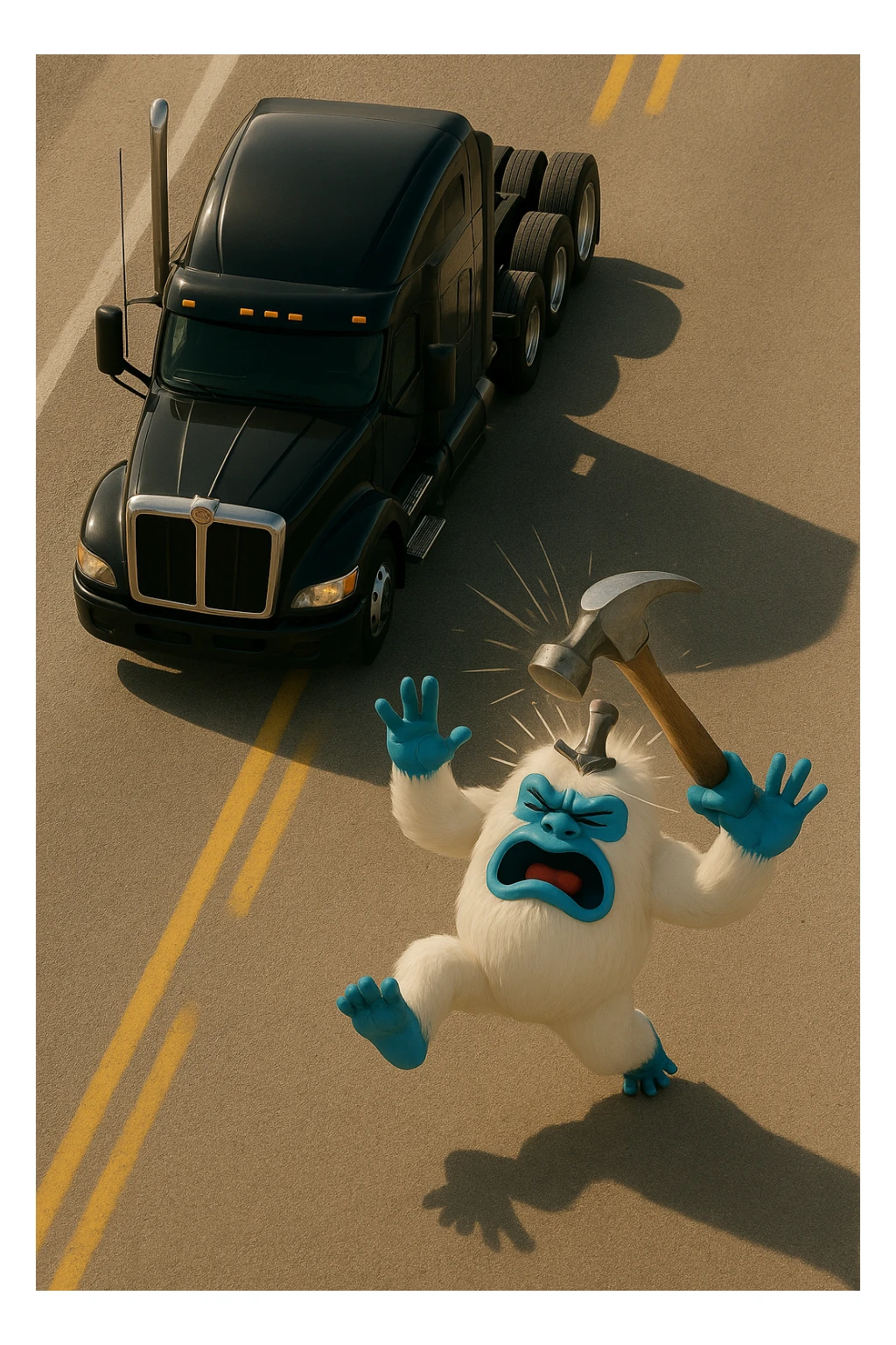 Make the scene lighter and show the hammer actively hitting the abominable snowman on the head, realistic top-down view, no text. Maintain a realistic style with clear lighting and dynamic action of the hammer hitting the snowman. sticker