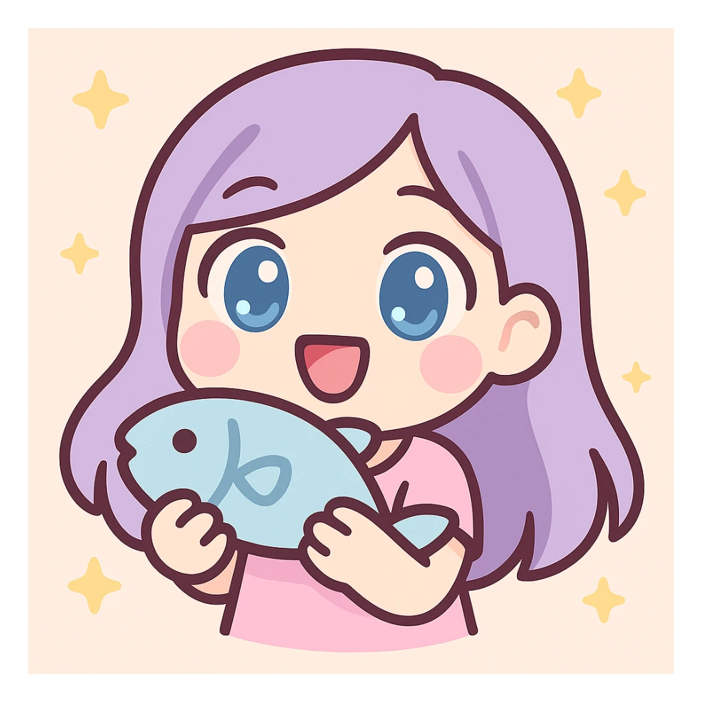 Make the girl more chibi style, give her blue eyes, and make her look slightly older (not too young), keep her holding a fish, digital art, kawaii style, twitch emote. sticker