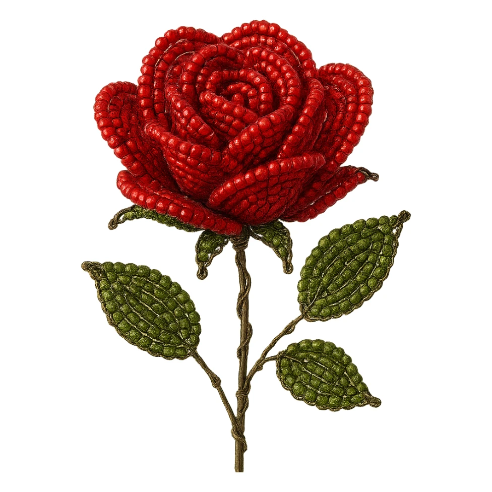 french beaded red rose, handmade look, visible wire, glossy beads, artistic, no background sticker