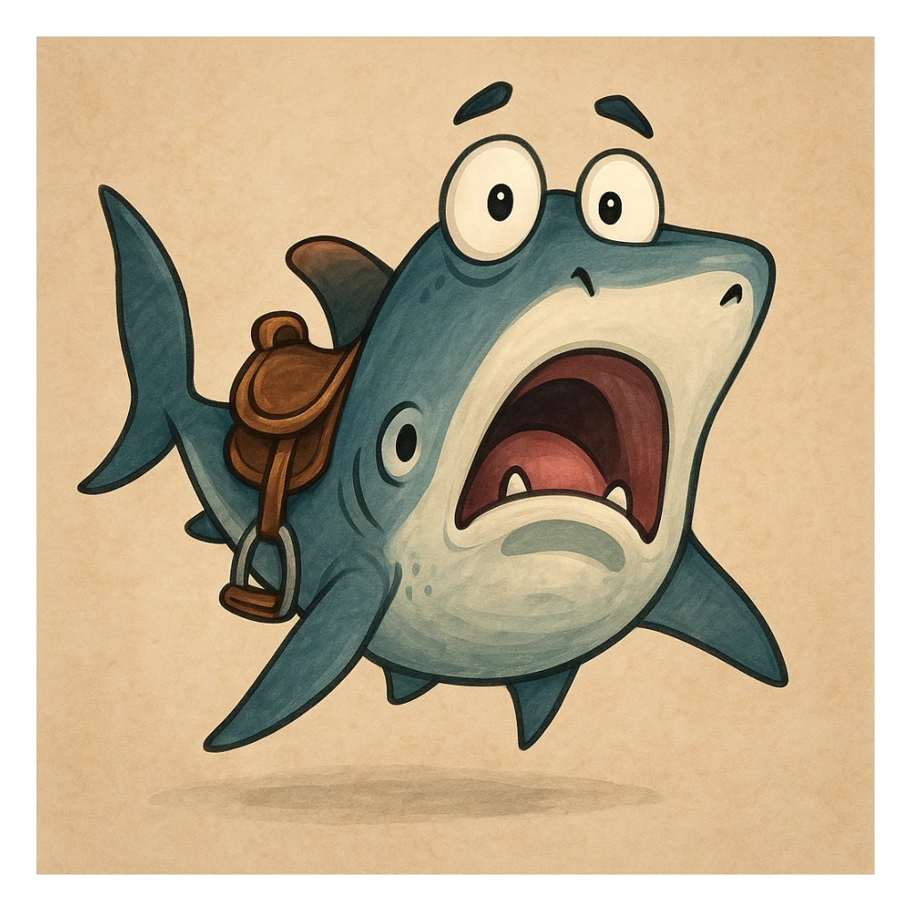 Удивленная акула, на которой седло удивленно смотрит на зрителя sticker