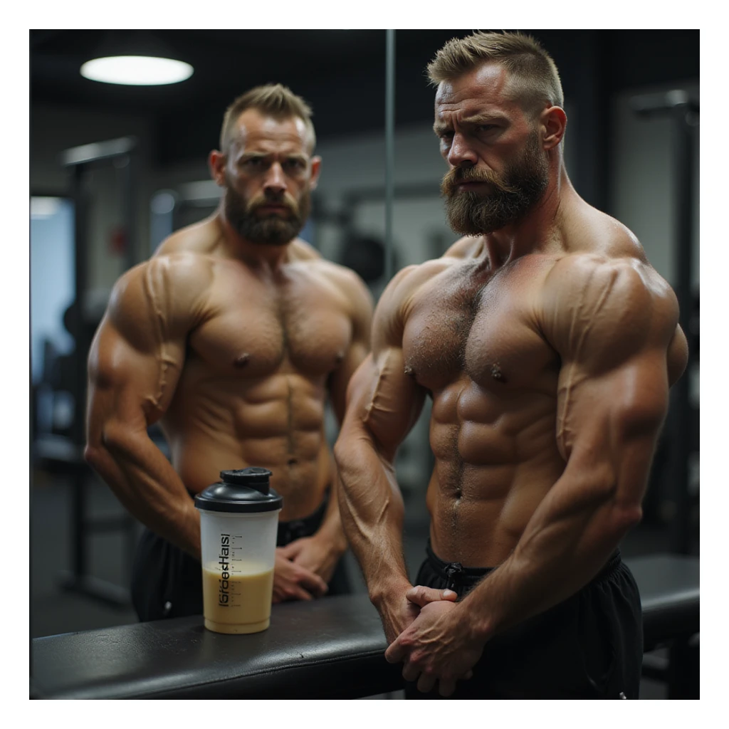 realistic male bodybuilder, advanced cutting phase, very lean and dry physique, less full muscles, visible veins, lean appearance, in front of mirror, worried look, gym with soft light, protein shaker on bench sticker