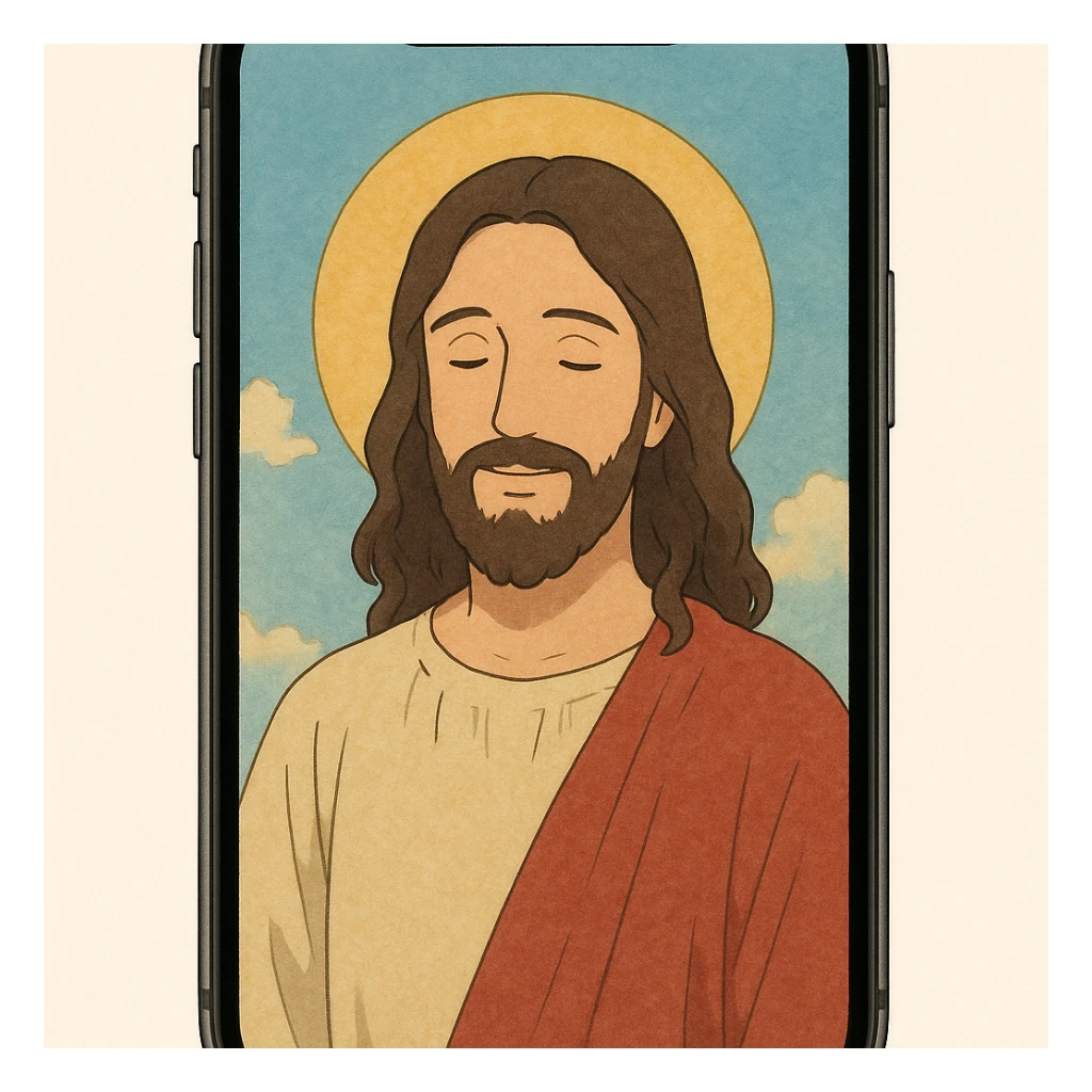 Jesus in a gentle Ghibli style, appearing on an iPhone display sticker