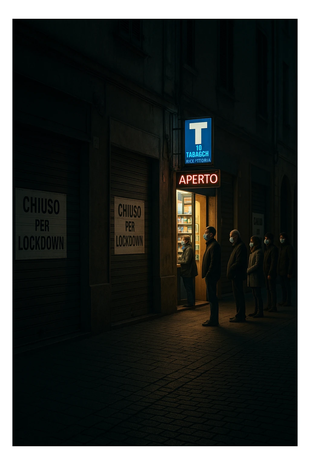 a deserted city street with all shops and businesses shuttered, their windows covered with “Chiuso per Lockdown” signs. In contrast, a brightly lit tobacco shop stands open, with a glowing “Aperto” sign and people lined up outside, all wearing masks. The mood is somber and critical, highlighting the paradox. sticker