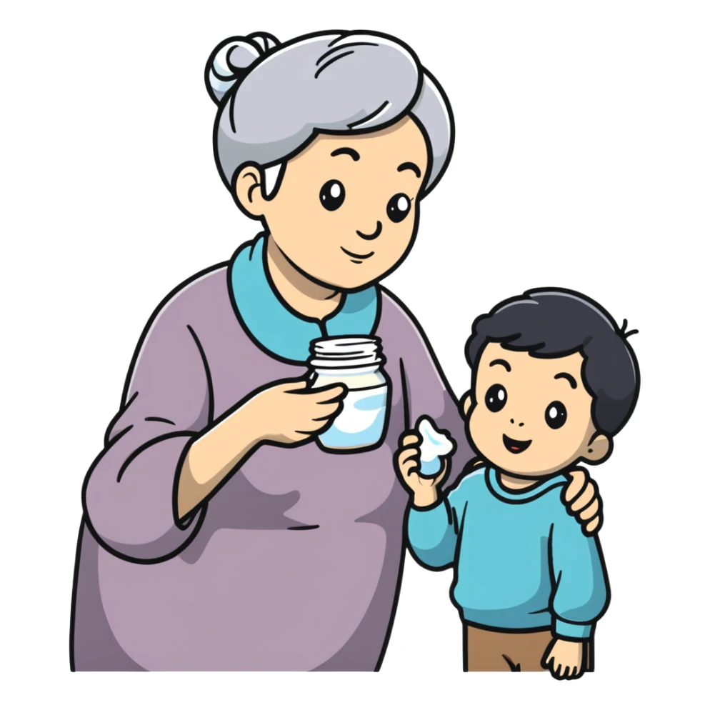 Grandmother offering yogurt to grandson sticker