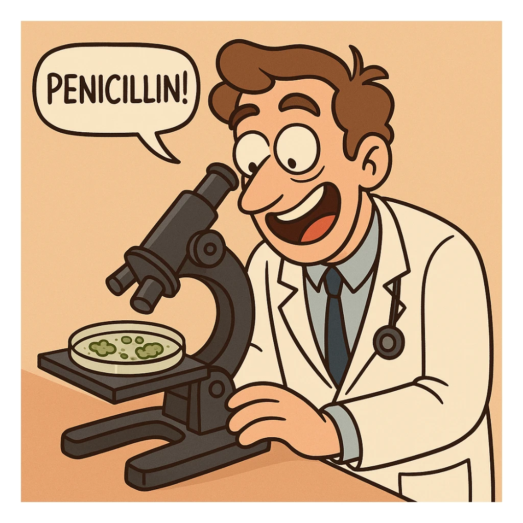   A modern doctor discovering penicillin with a microscope sticker