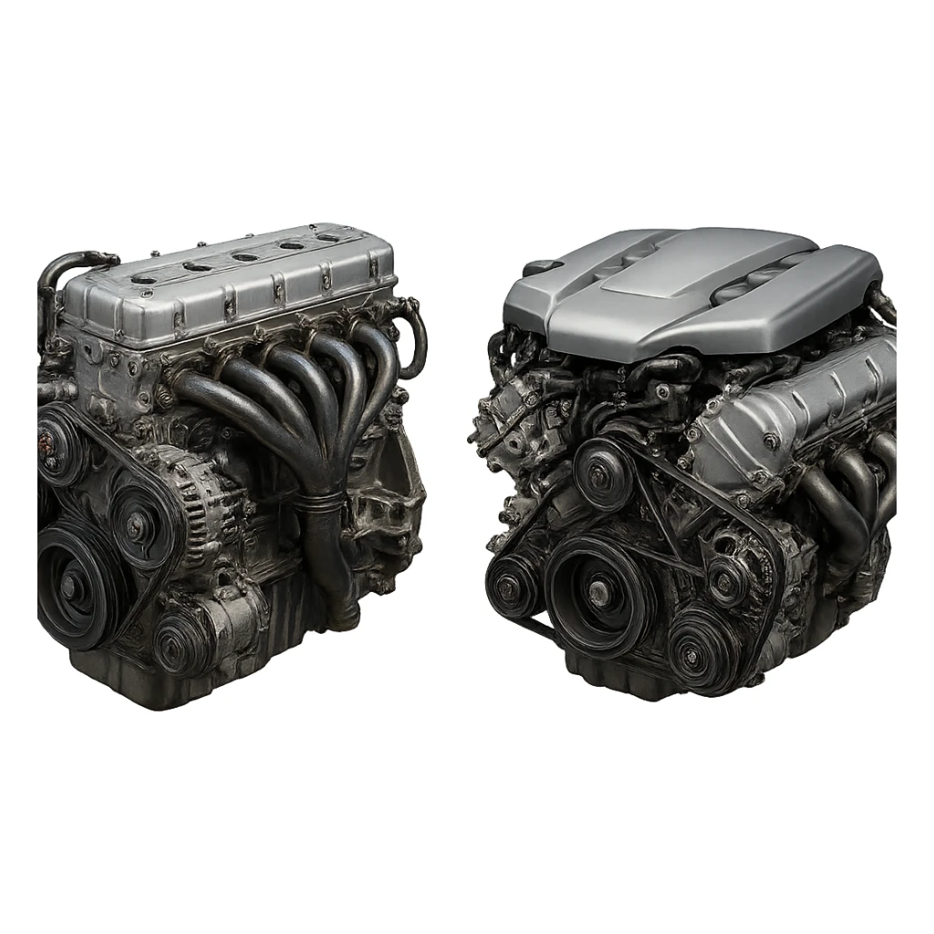 realistic 6-cylinder inline engine and a V6 engine side by side, detailed, metallic, no background sticker