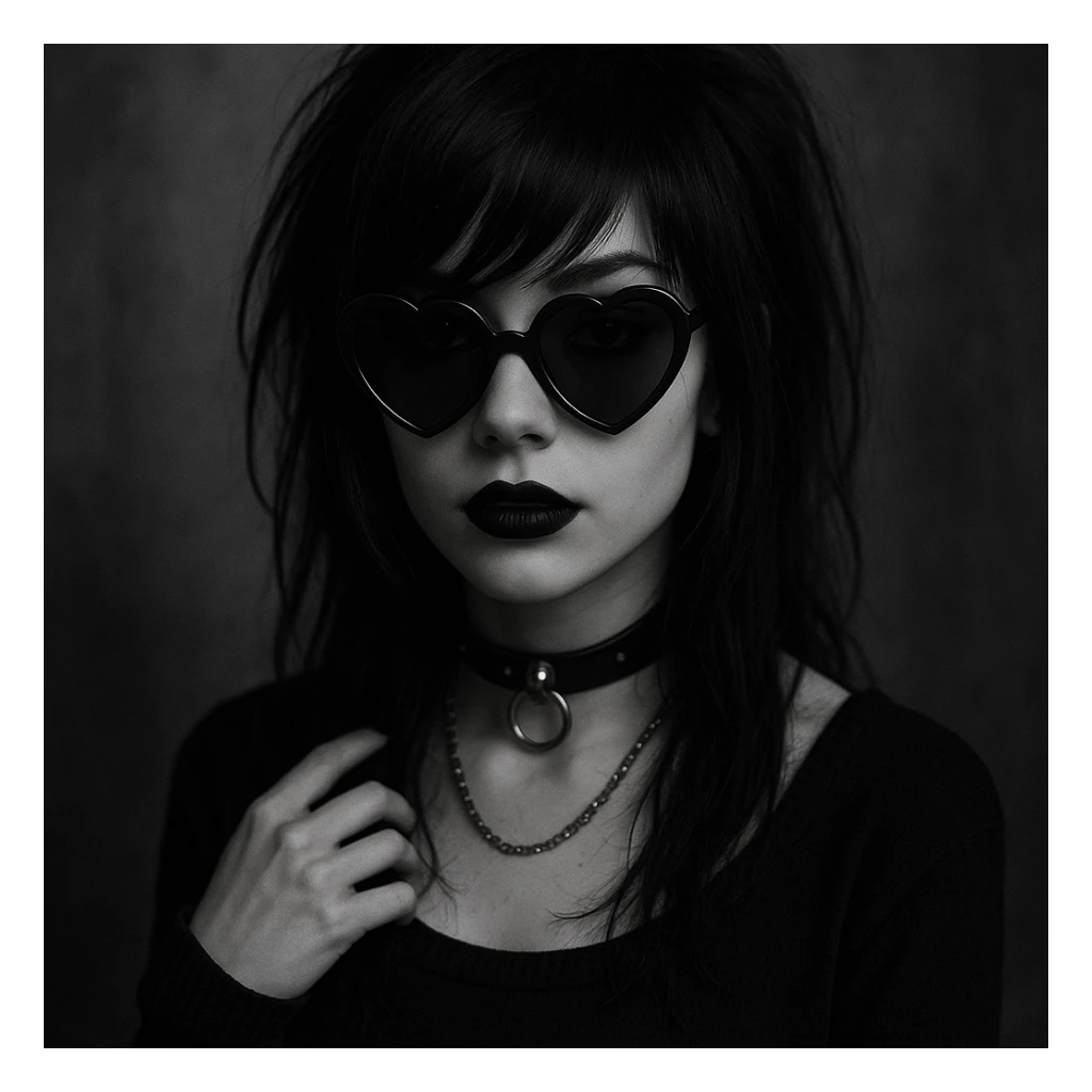 emo girl with heart-shaped sunglasses, dark hair, mysterious vibe sticker