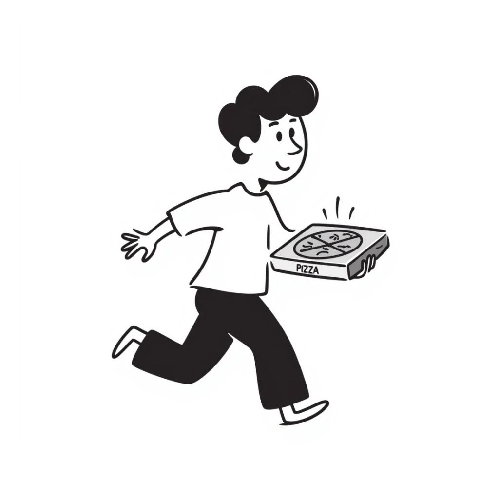 a man running with a pizza box in his hands, smiling, hand-drawn doodle style sticker