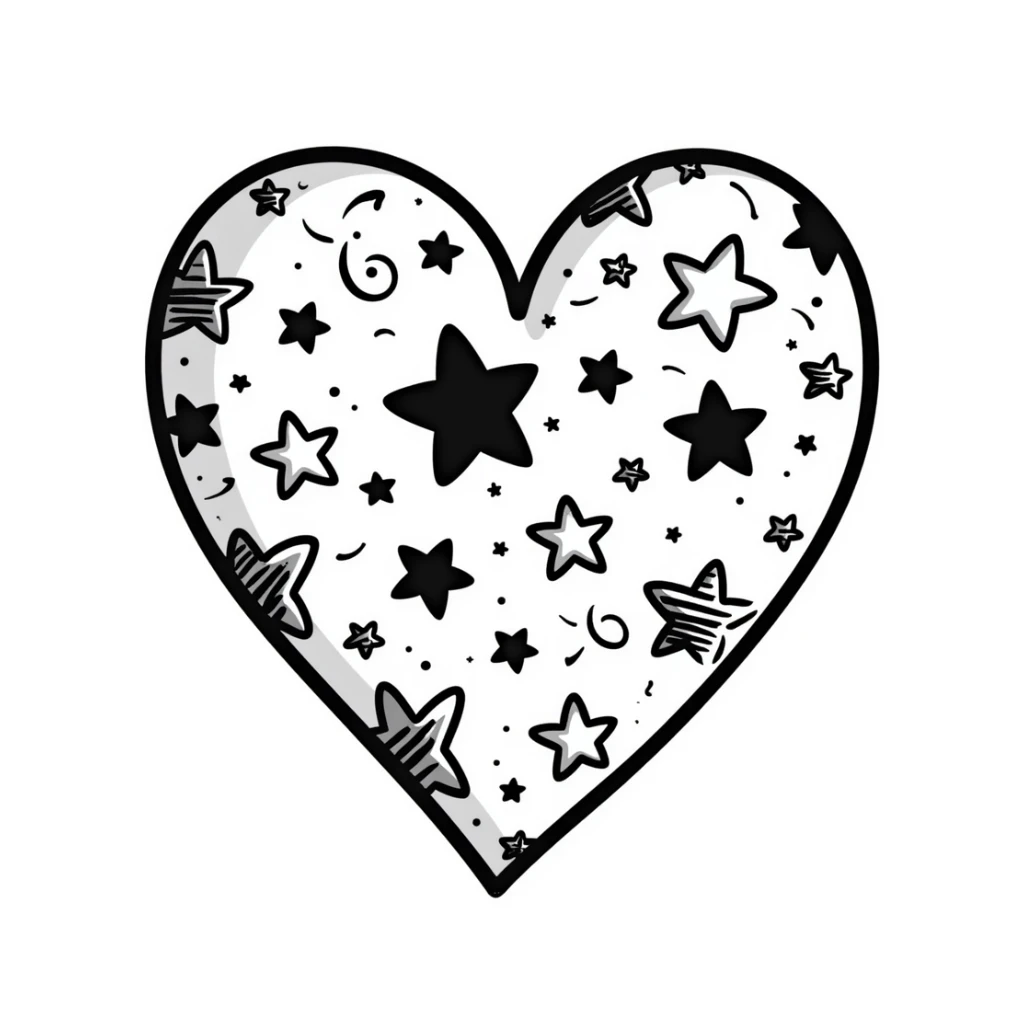hand drawn heart with stars and swirls, doodle style sticker