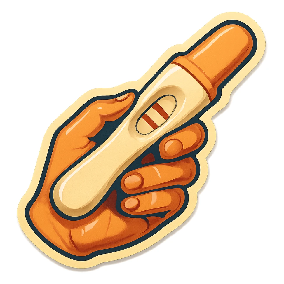 positive pregnancy test in hand, retro stickers style, soft rounded shapes, expressive contours, vintage color palette, light paper texture, shadows and highlights, transparent background sticker