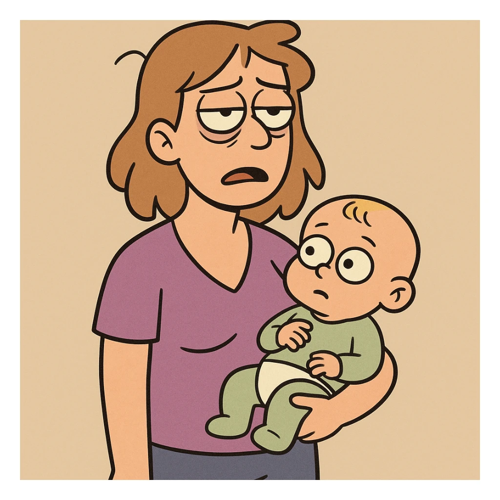 a tired woman holding a baby, simple cartoon style sticker