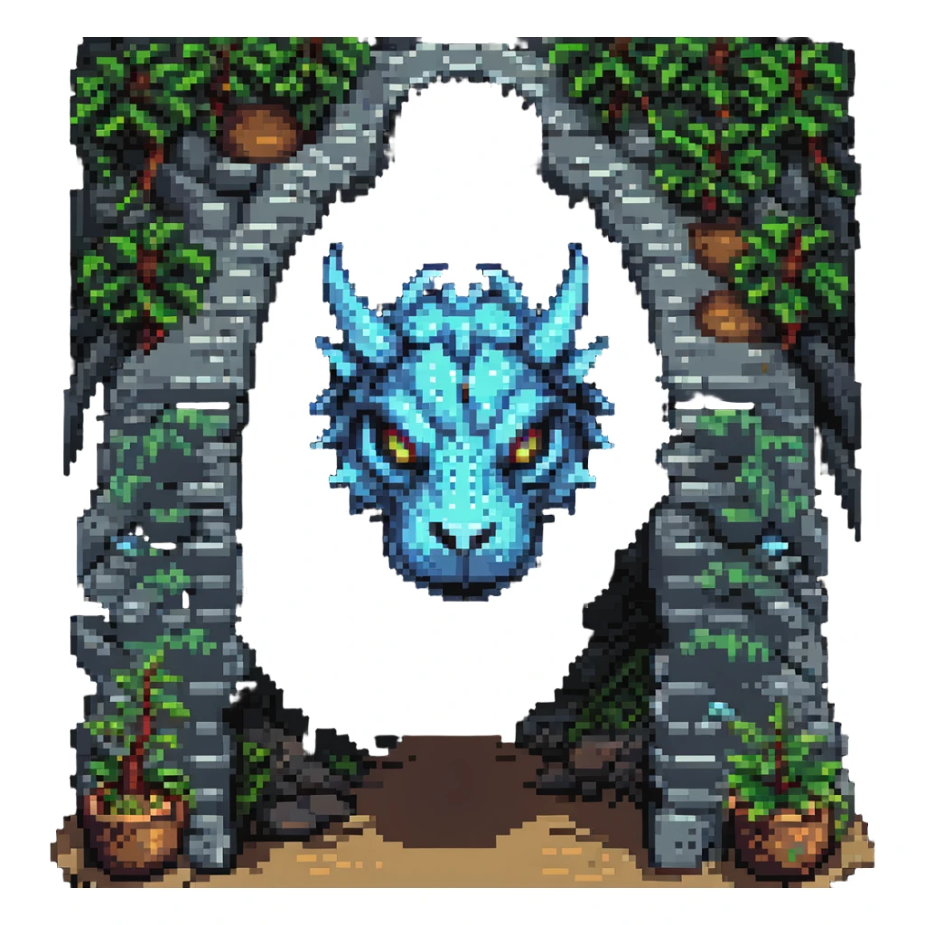 giant dragon head as a cave entrance, pixel art style sticker